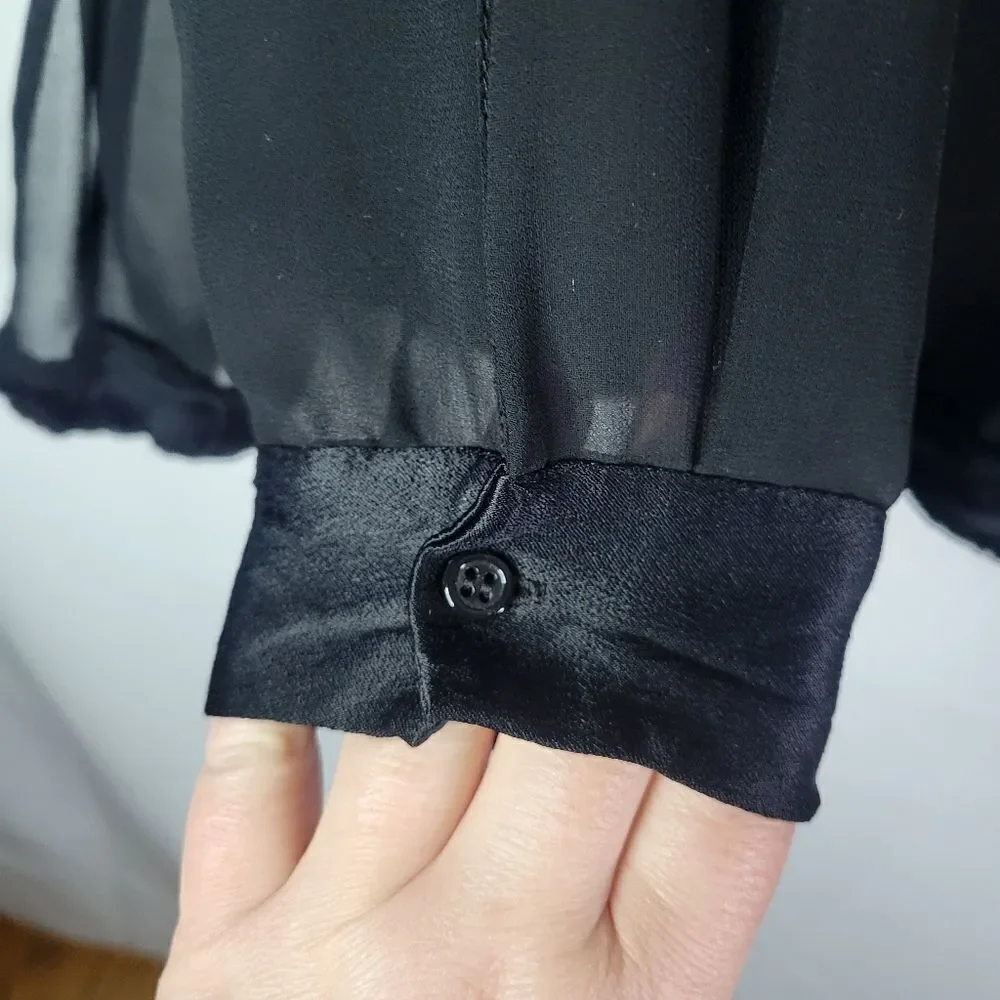 Zara Satin Bust Panel And Trim Sheer Black Chiffon Long Sleeve Blouse - Picture 11 of 12